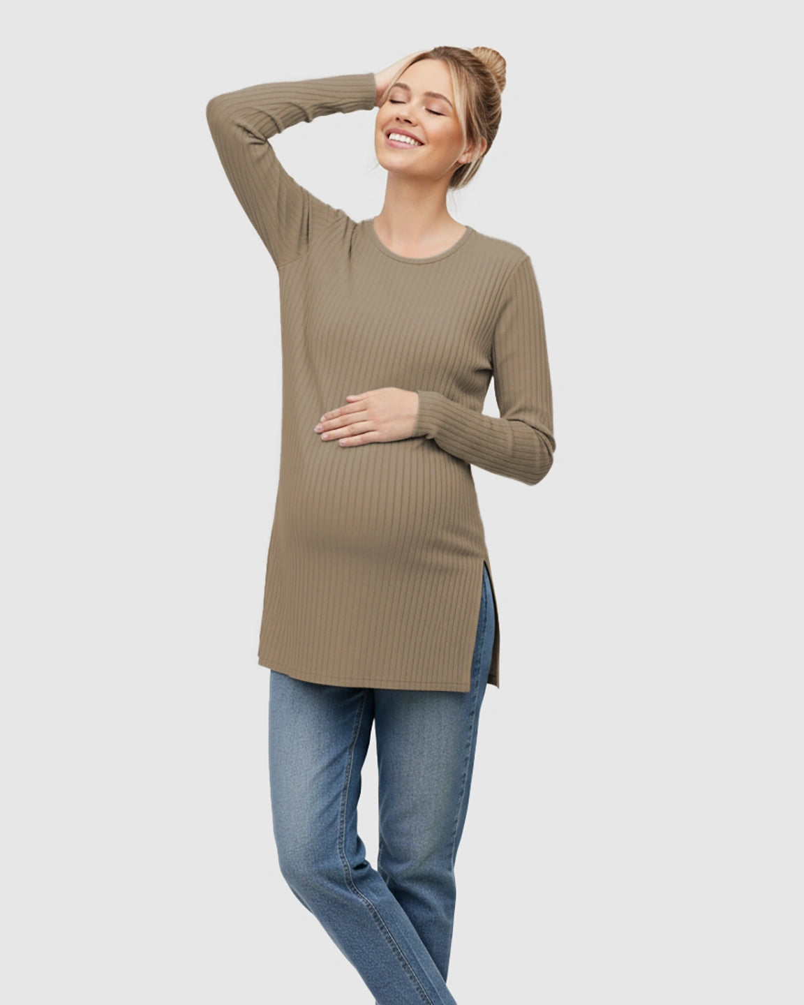 Ribbed Knit Long Sleeve Maternity Top with Side Slits