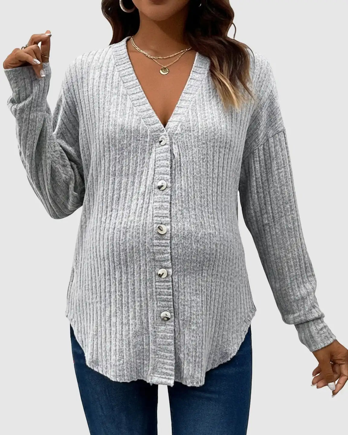 Ribbed Button-Front Drop Shoulder Maternity Top