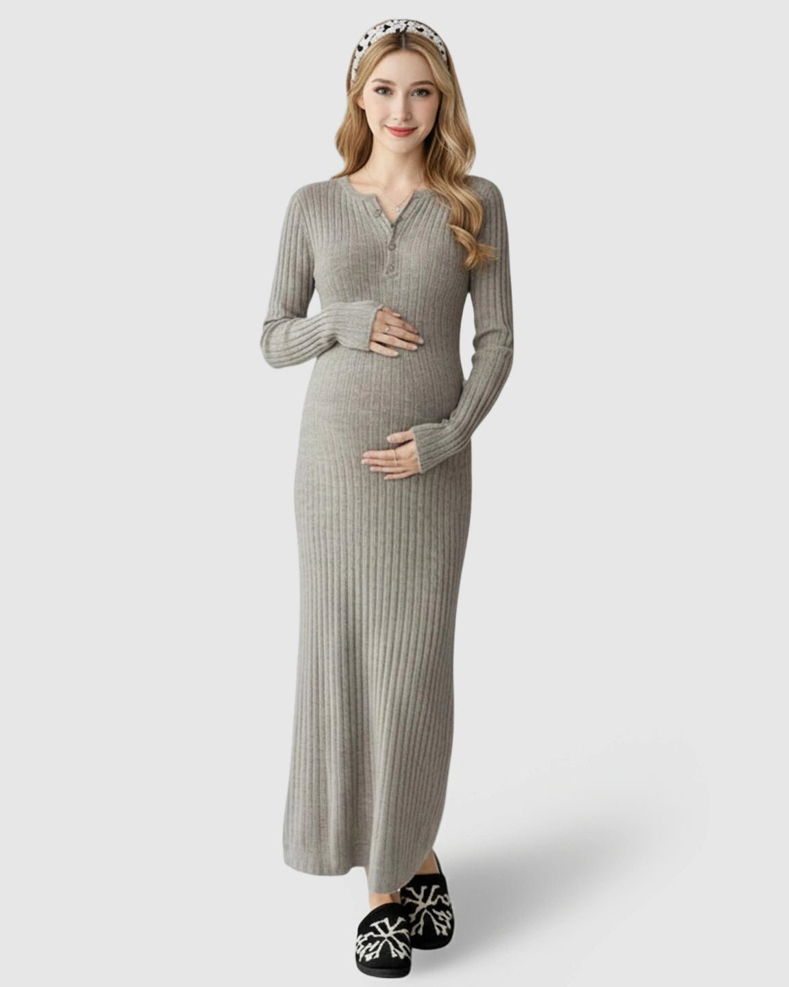 Ribbed Knit A-Line Long Sleeve Maternity Maxi Dress