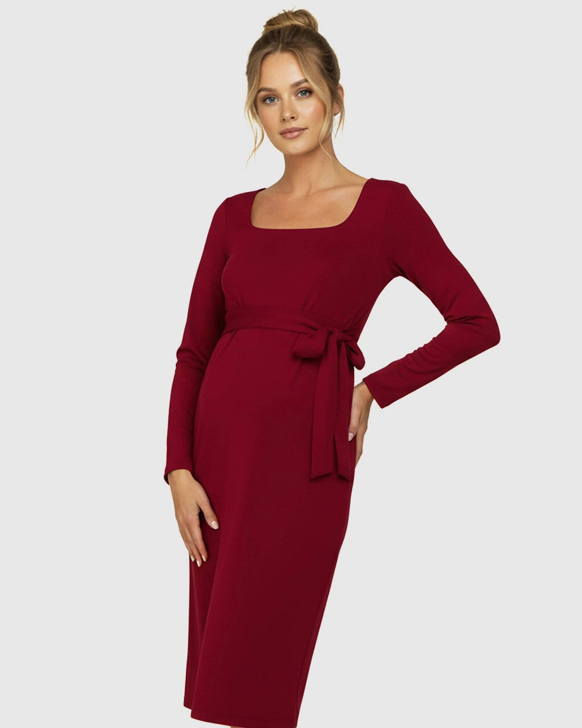 Square Neck Tie-Waist Bodycon Maternity Midi Dress