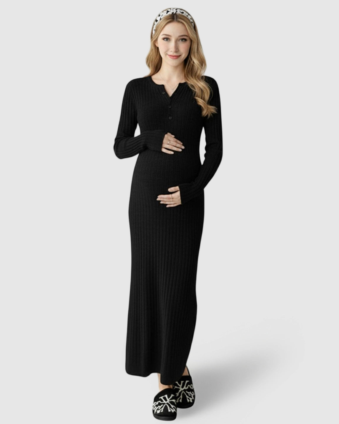 Ribbed Knit A-Line Long Sleeve Maternity Maxi Dress