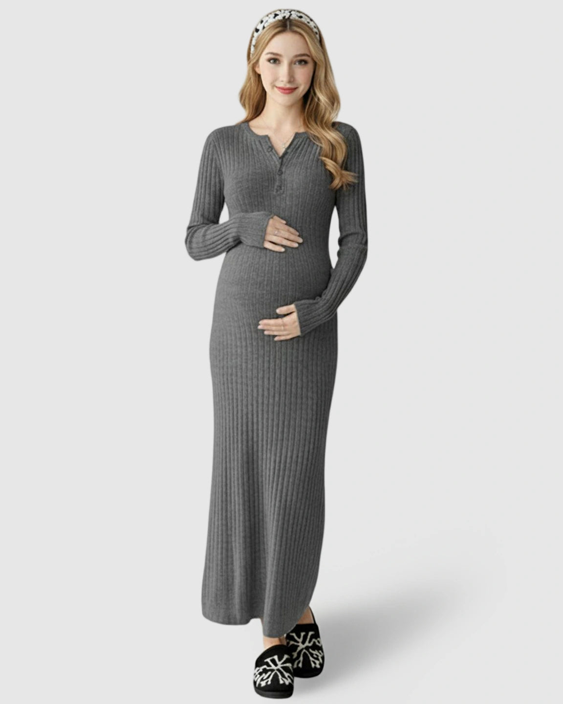 Ribbed Knit A-Line Long Sleeve Maternity Maxi Dress