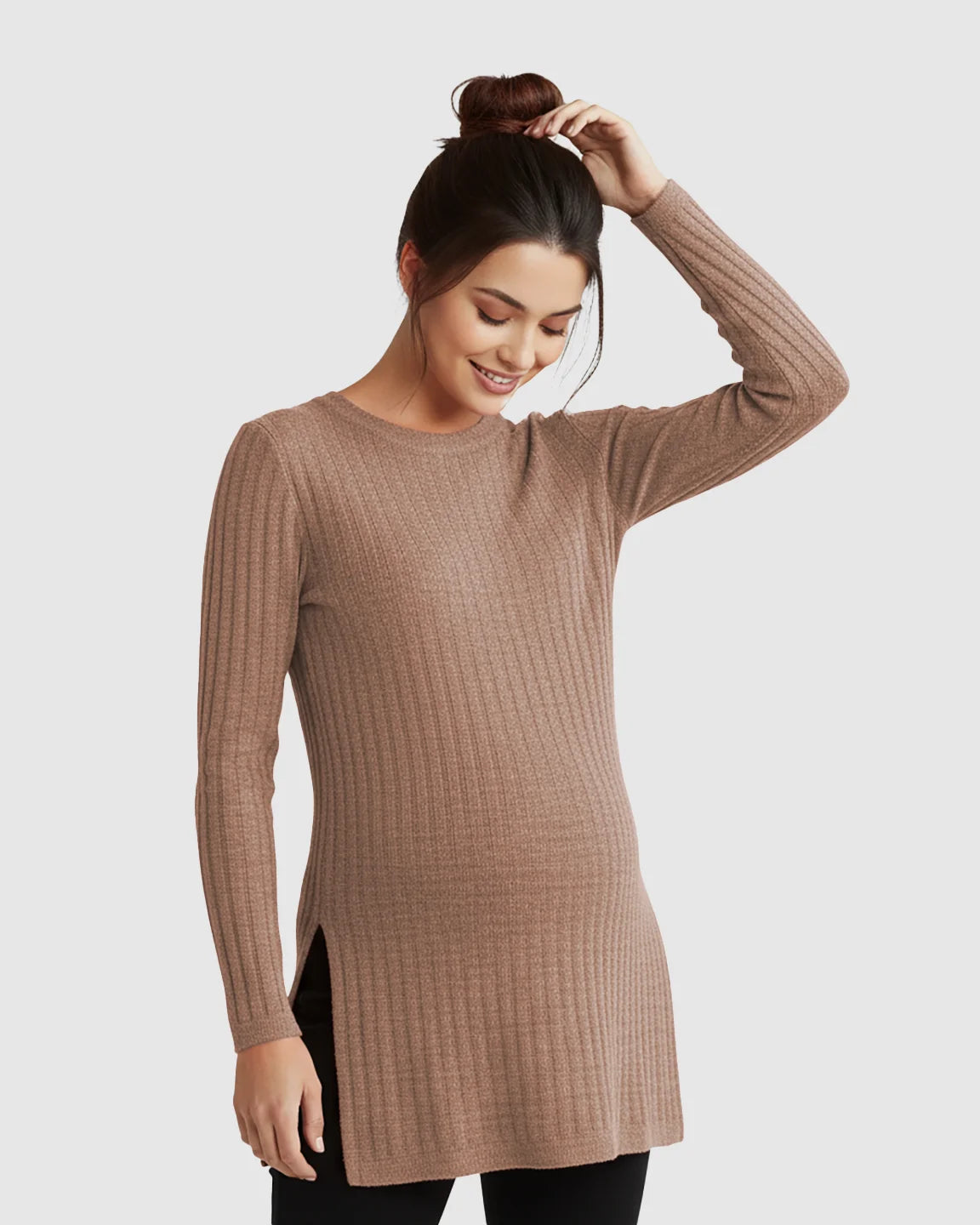 Ribbed Knit Side-Slit Long Sleeve Maternity Top