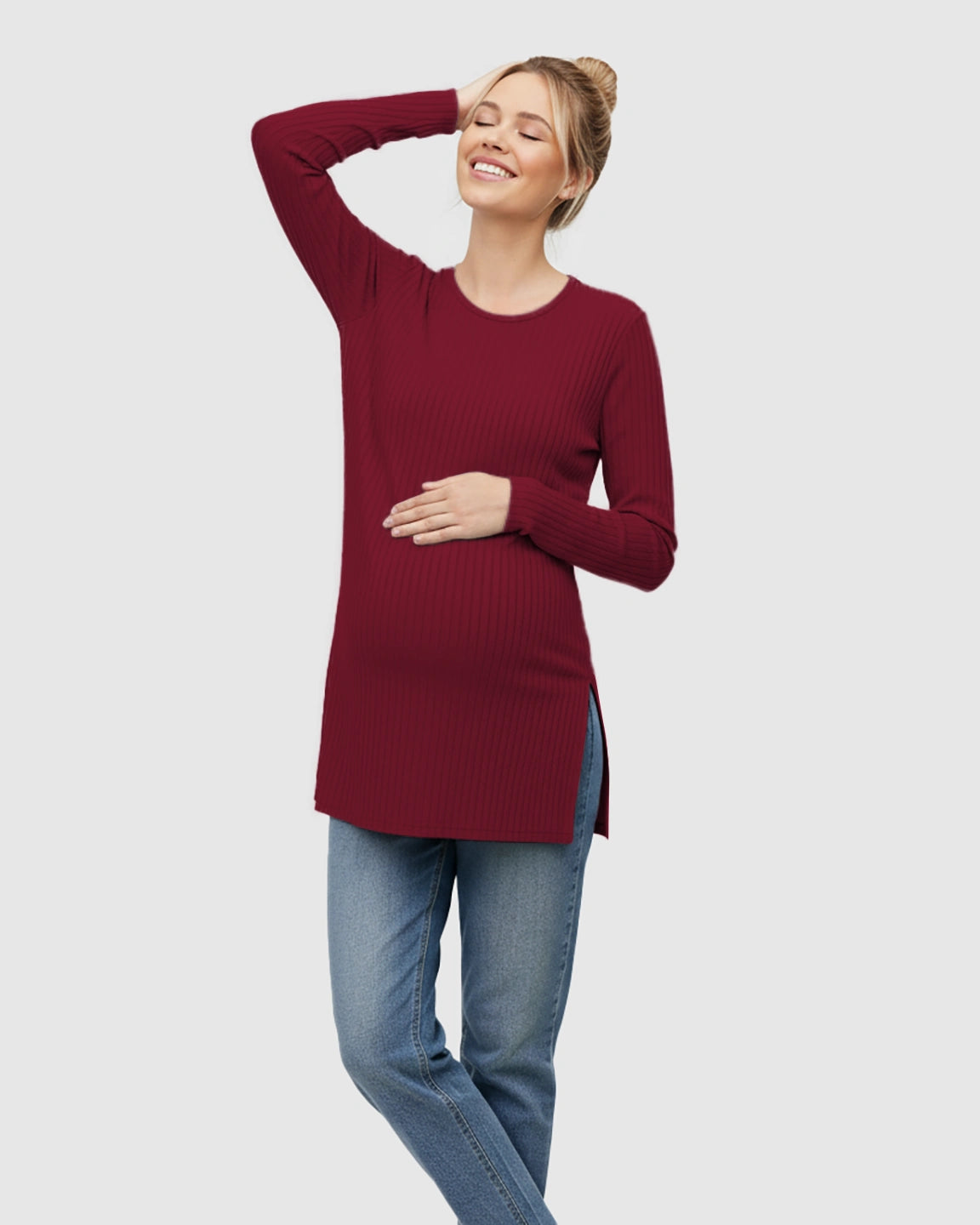 Ribbed Knit Long Sleeve Maternity Top with Side Slits