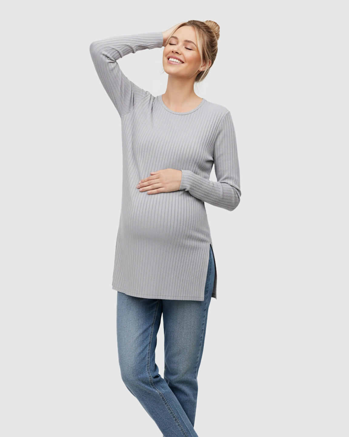 Ribbed Knit Long Sleeve Maternity Top with Side Slits