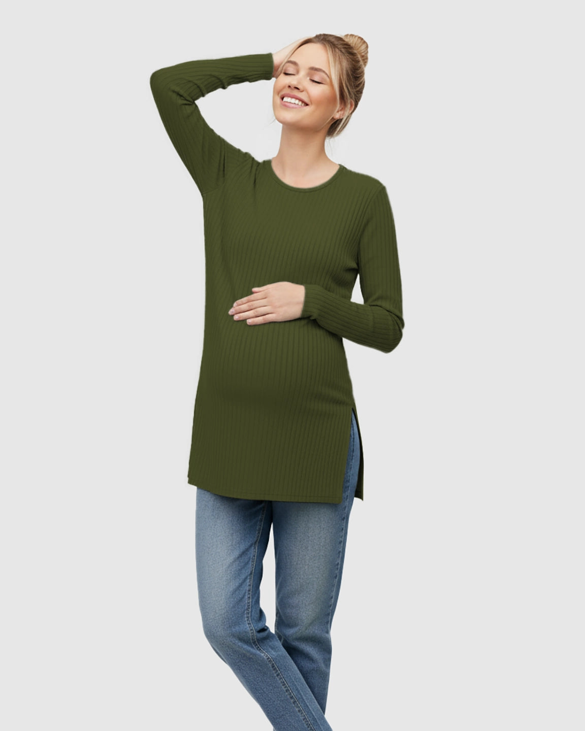 Ribbed Knit Long Sleeve Maternity Top with Side Slits