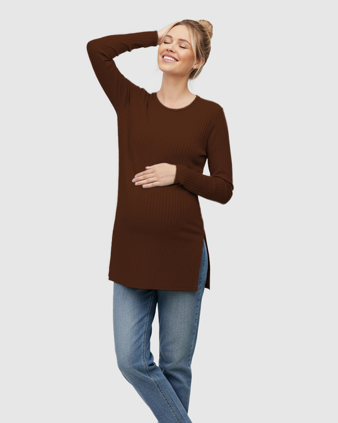 Ribbed Knit Long Sleeve Maternity Top with Side Slits