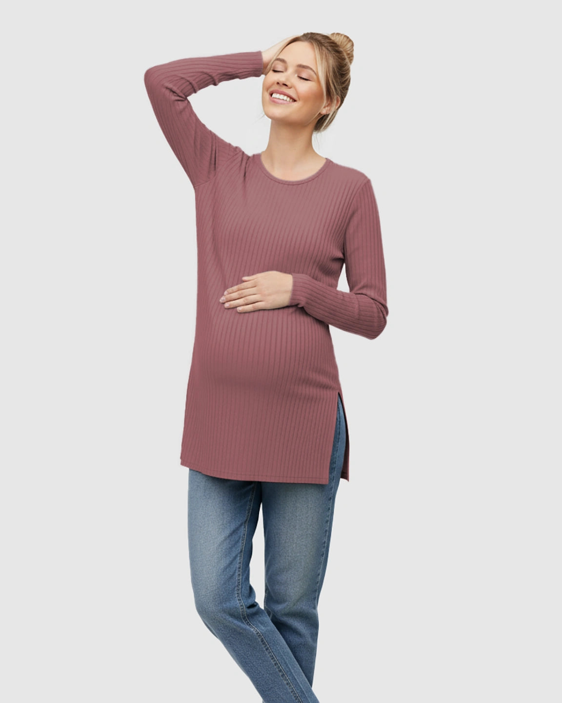 Ribbed Knit Long Sleeve Maternity Top with Side Slits