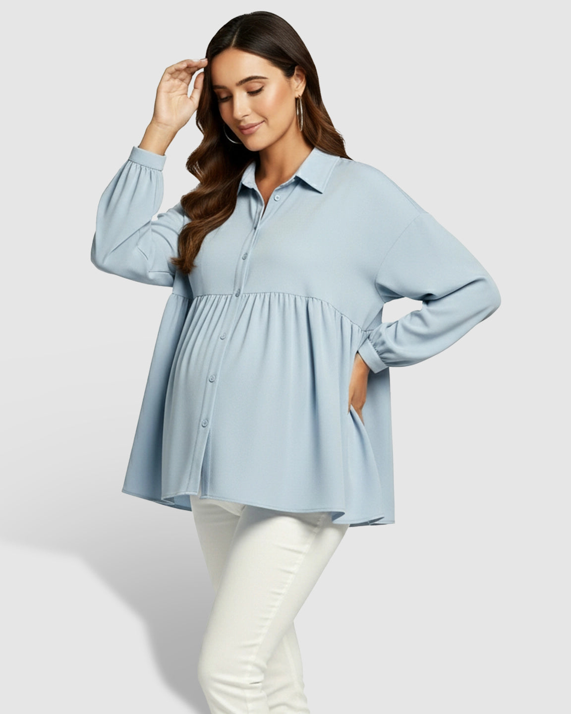 Lapel Long Sleeve Maternity Shirt