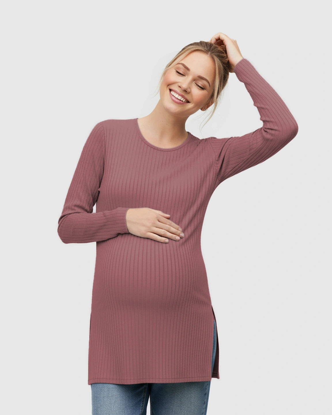 Ribbed Knit Long Sleeve Maternity Top with Side Slits