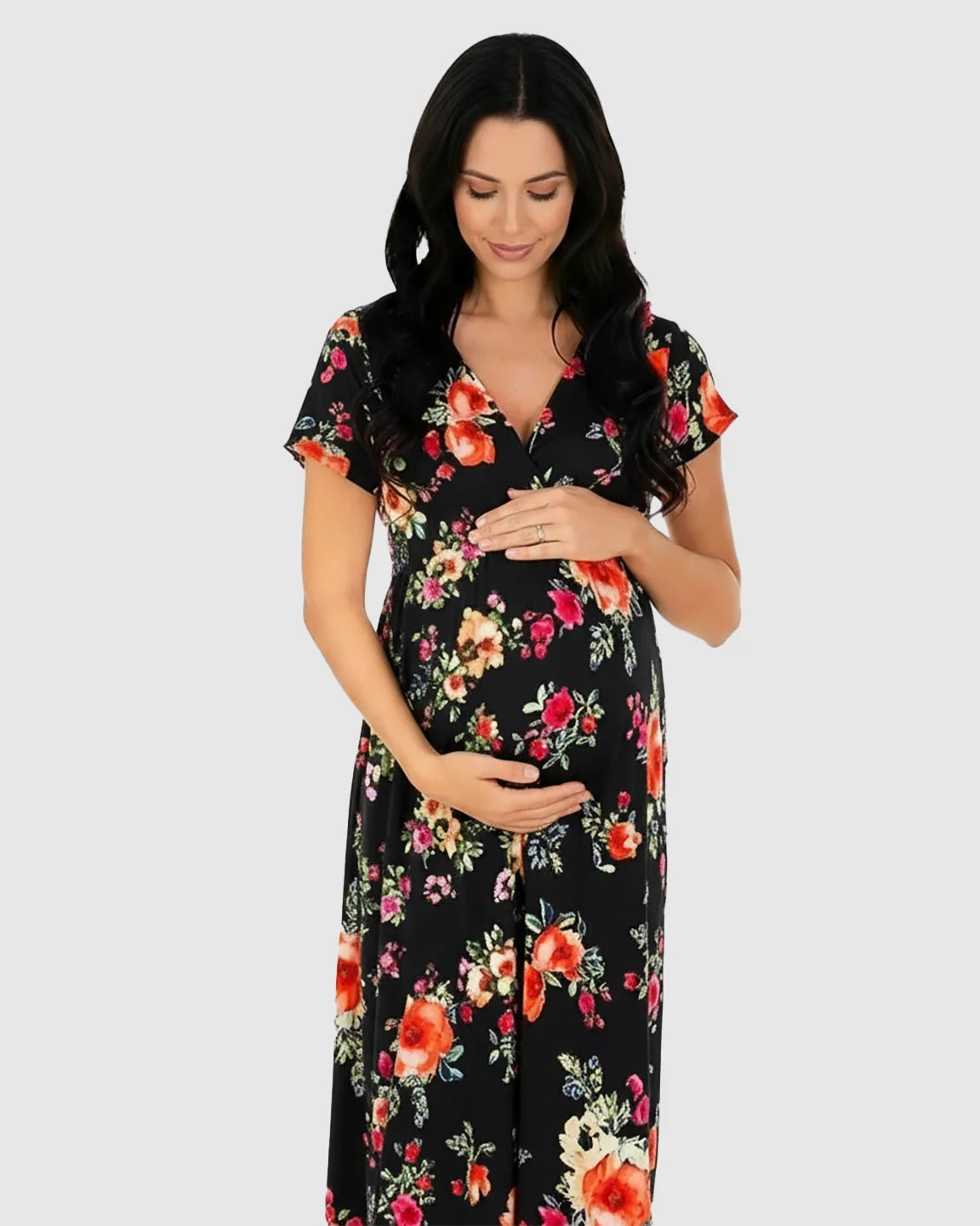 Floral V-Neck Short Sleeve Maternity Maxi Dress