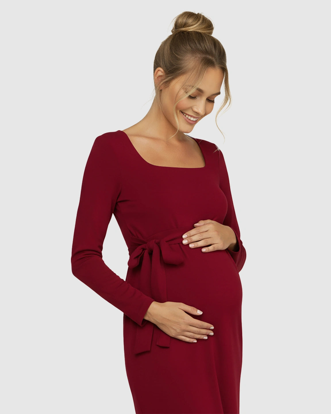 Square Neck Tie-Waist Bodycon Maternity Midi Dress