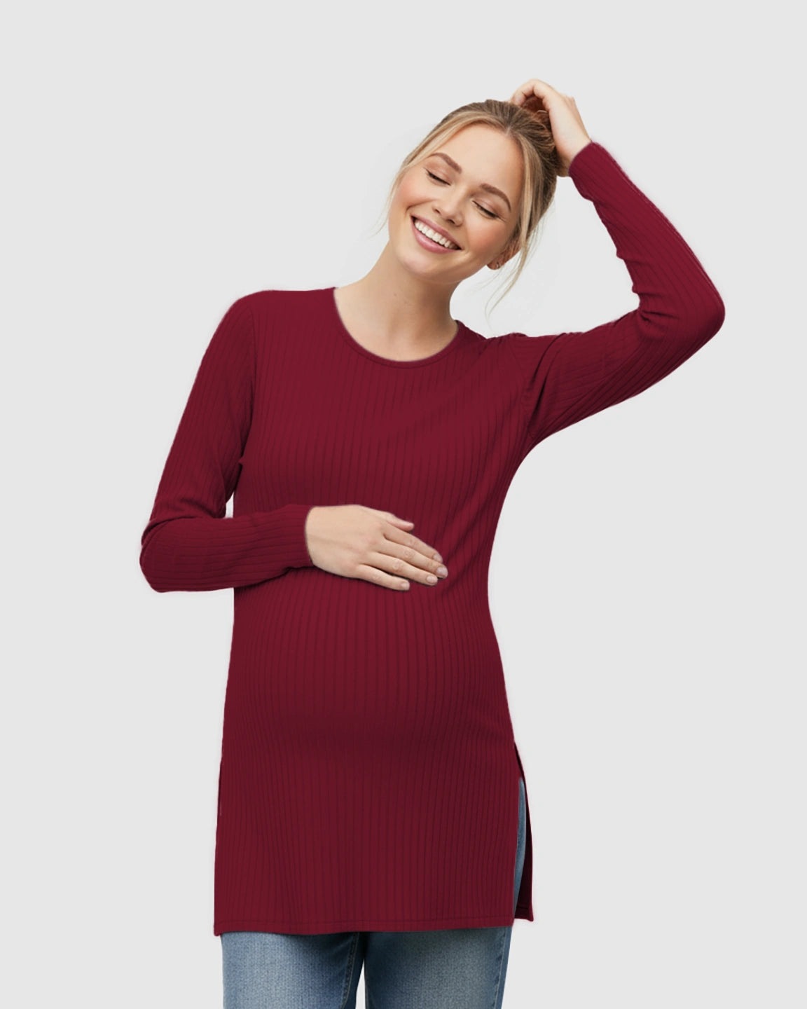 Ribbed Knit Long Sleeve Maternity Top with Side Slits