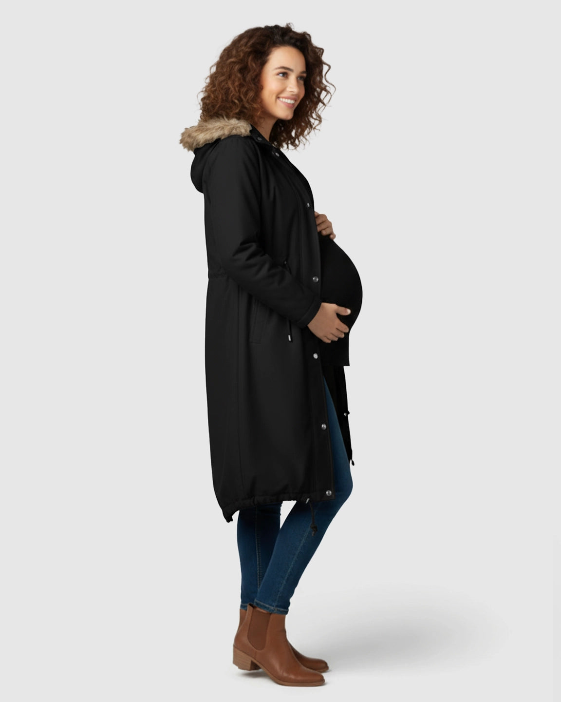 Fur Collar Hooded Long Maternity Jacket