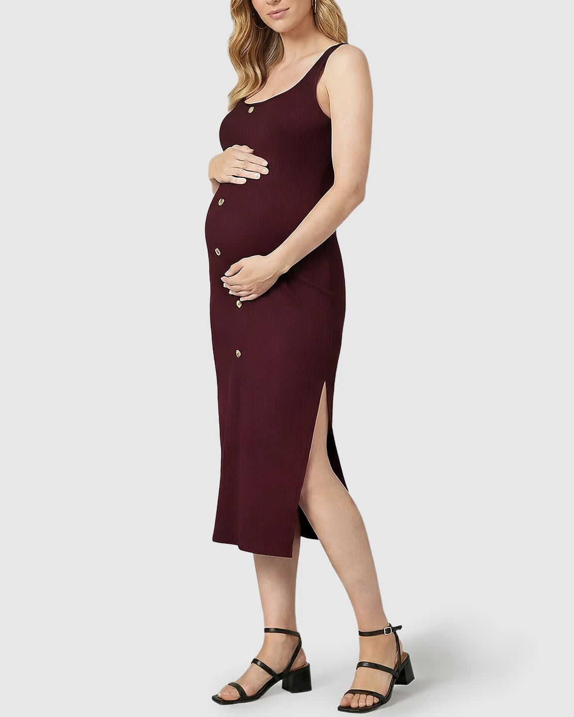 Button-Front Bodycon Maternity Midi Dress