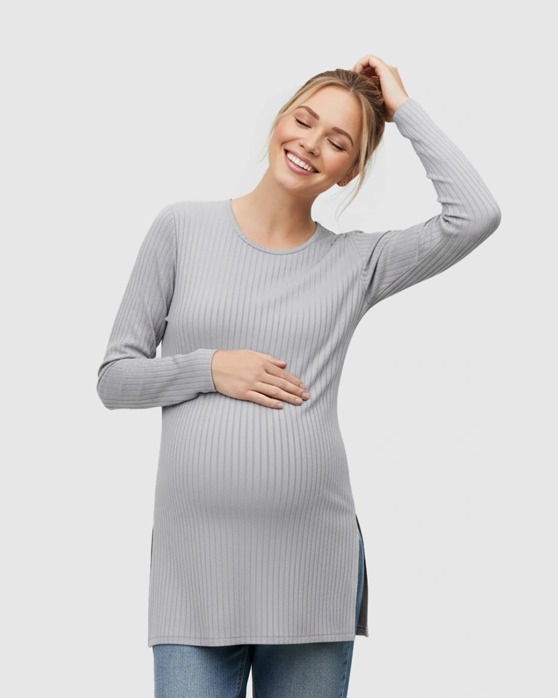 Ribbed Knit Long Sleeve Maternity Top with Side Slits