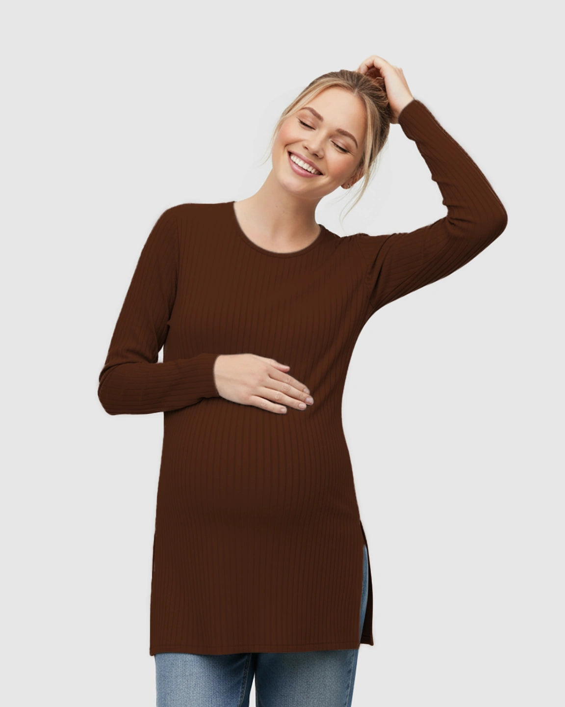 Ribbed Knit Long Sleeve Maternity Top with Side Slits