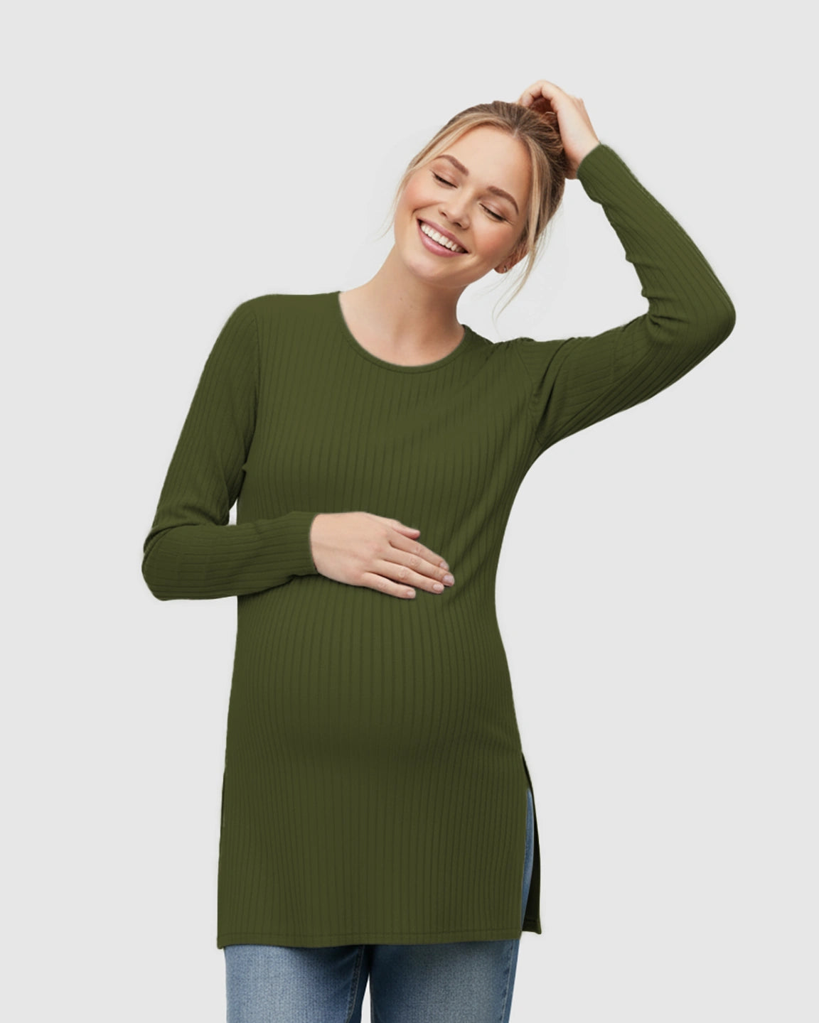 Ribbed Knit Long Sleeve Maternity Top with Side Slits