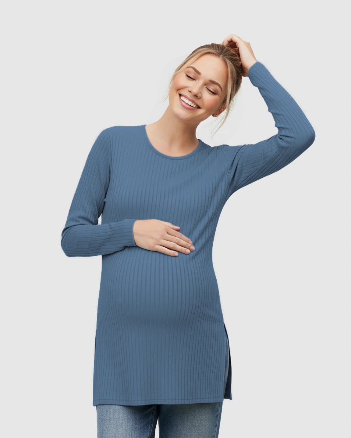 Ribbed Knit Long Sleeve Maternity Top with Side Slits