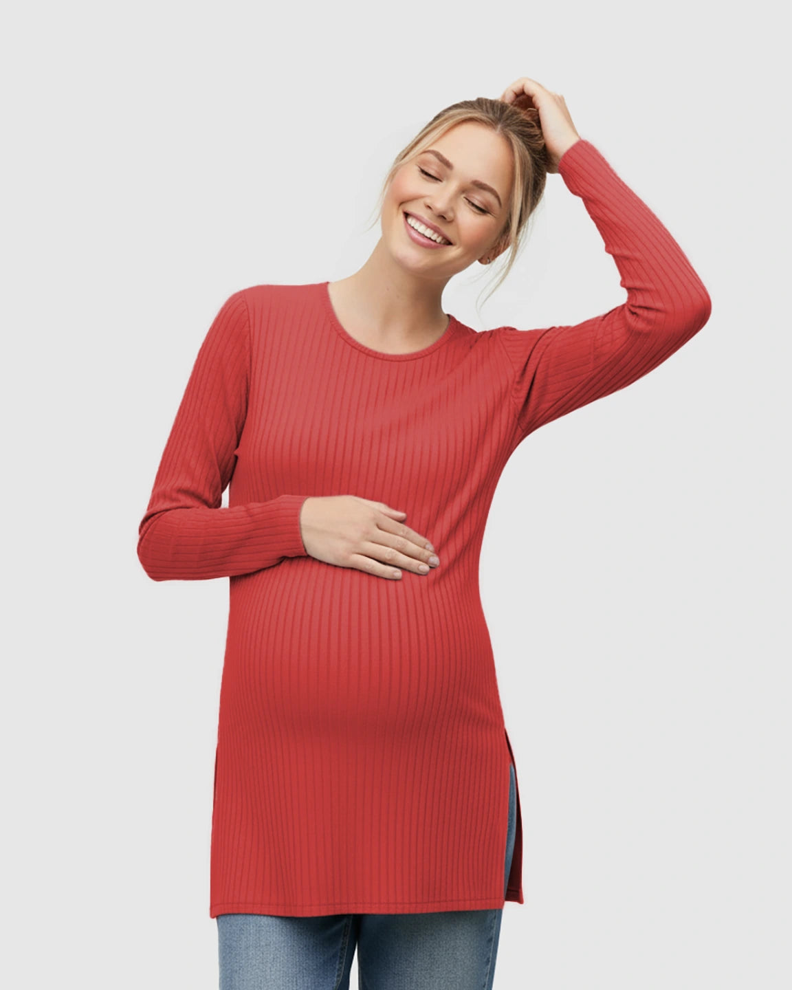 Ribbed Knit Long Sleeve Maternity Top with Side Slits