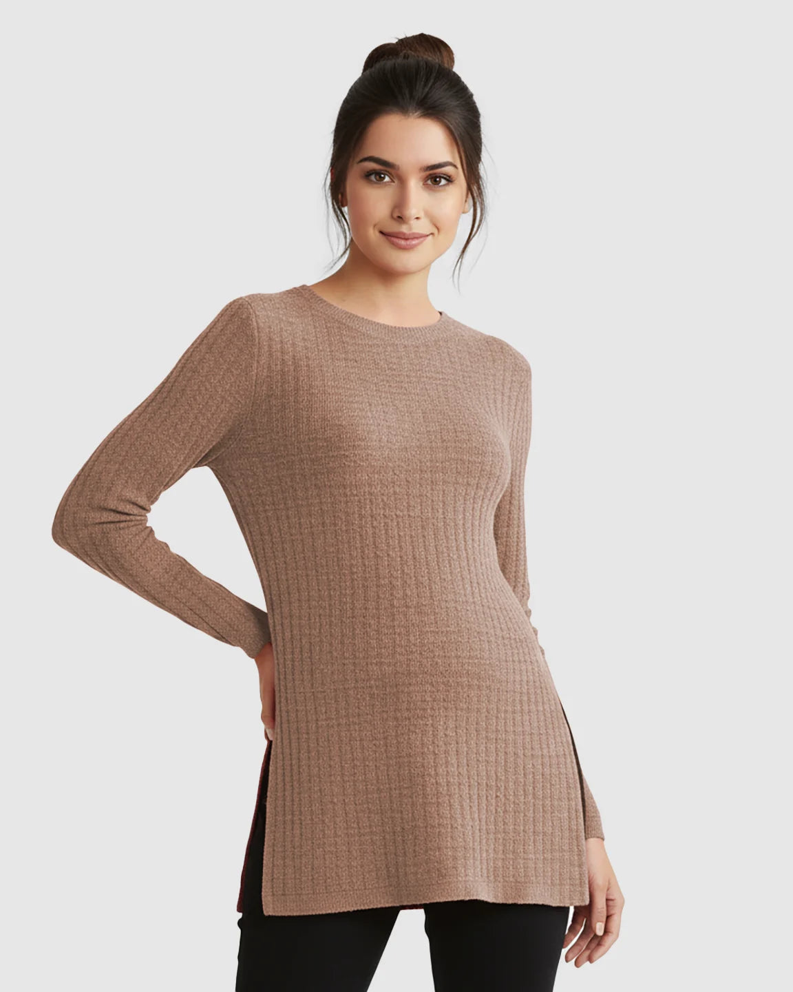 Ribbed Knit Side-Slit Long Sleeve Maternity Top