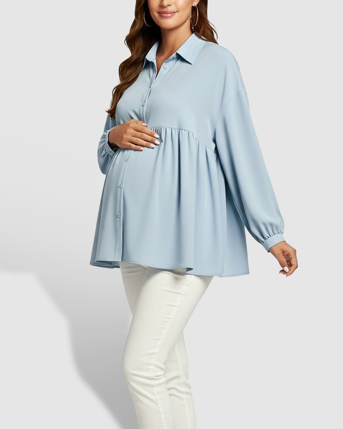 Lapel Long Sleeve Maternity Shirt
