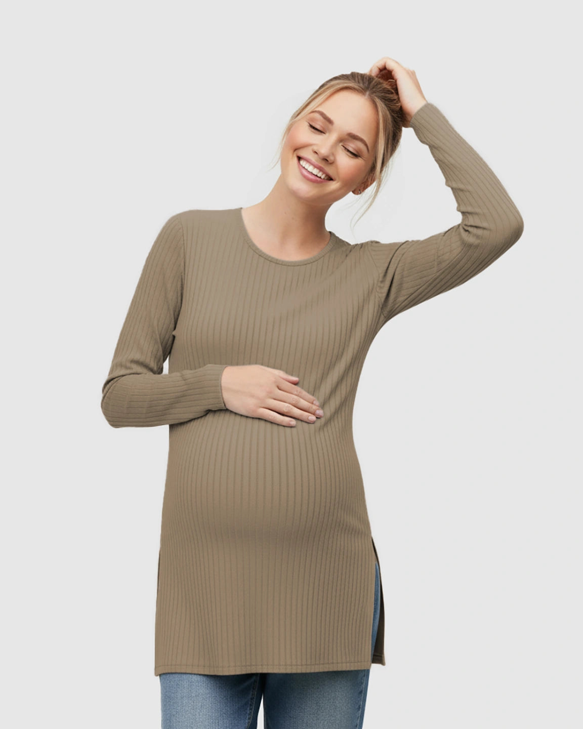 Ribbed Knit Long Sleeve Maternity Top with Side Slits