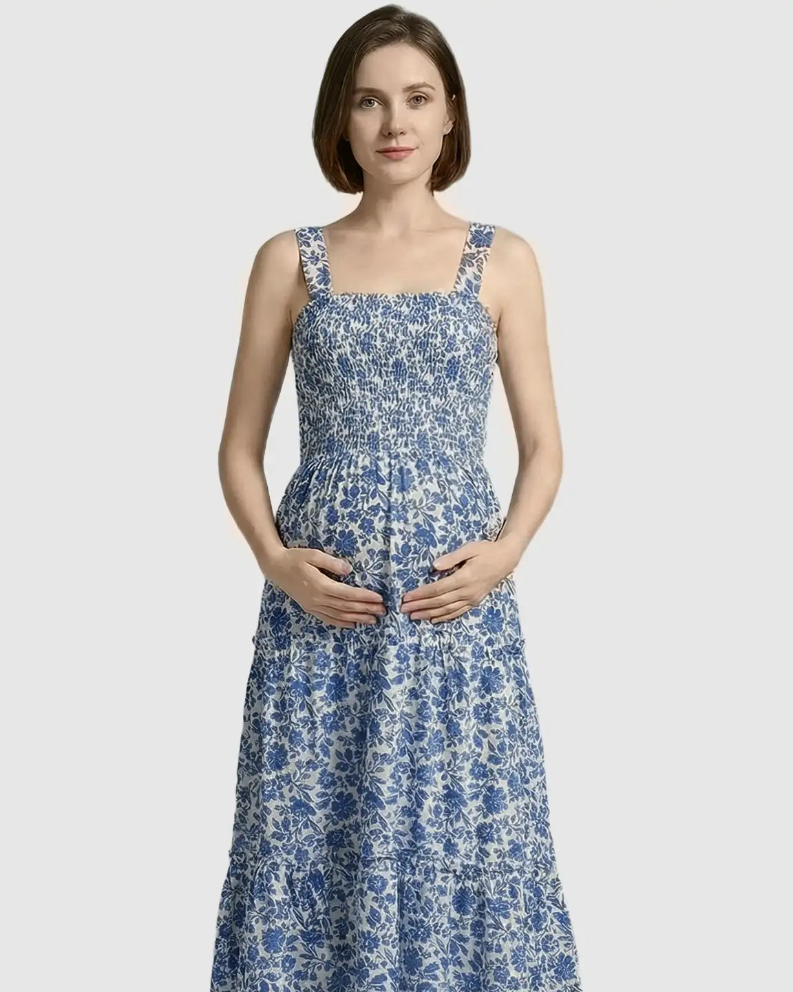 Smocked Floral A-Line Maternity Midi Dress