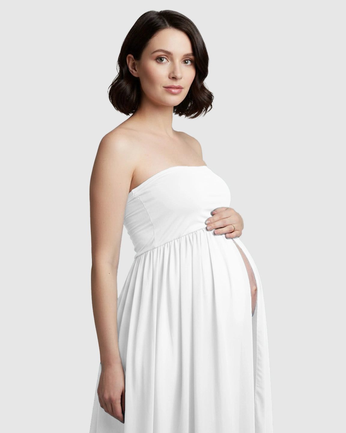 Strapless Ruched Front Slit Maternity Photoshoot Dress