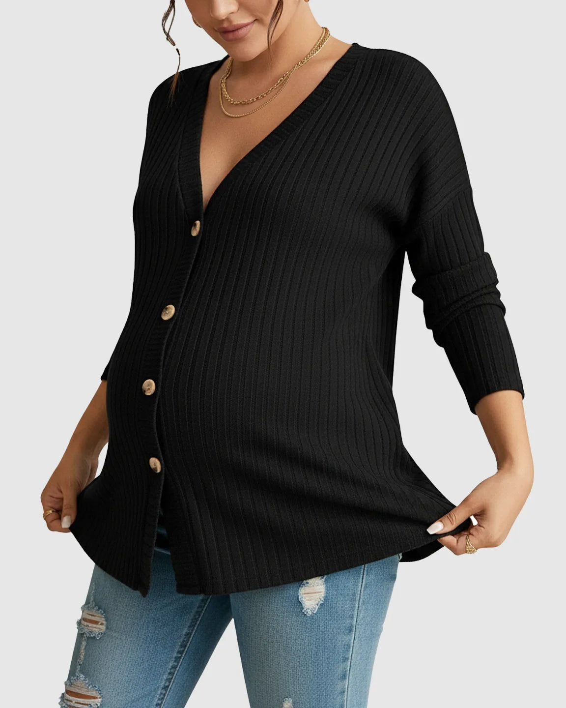 Ribbed Button-Front Drop Shoulder Maternity Top