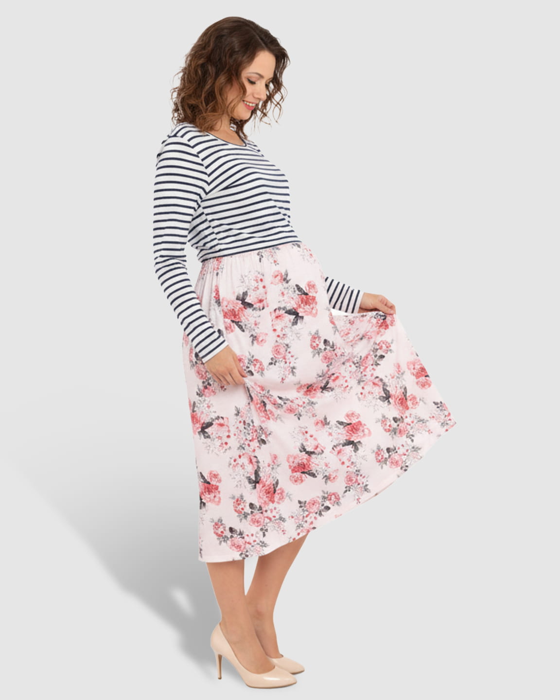 Striped Top Floral Skirt Nursing & Maternity Midi Dress