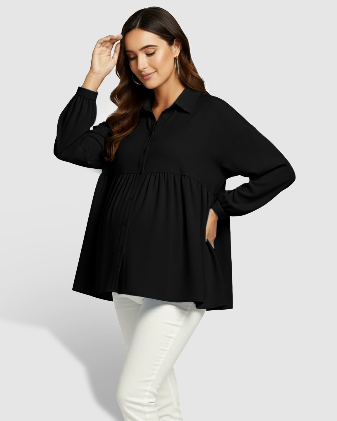 Lapel Long Sleeve Maternity Shirt