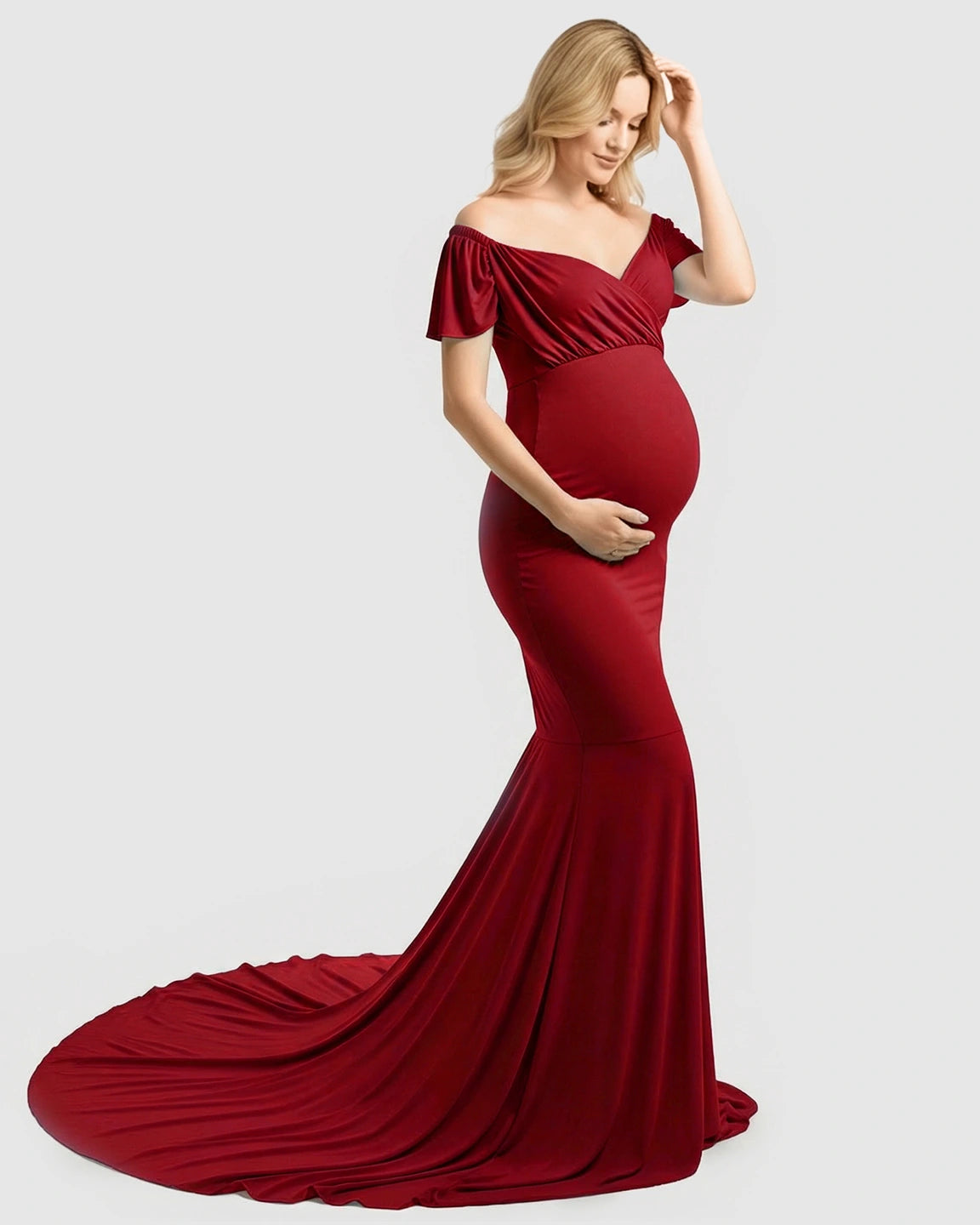 Off-Shoulder Fitted Mermaid Style Maternity Photoshoot Gown