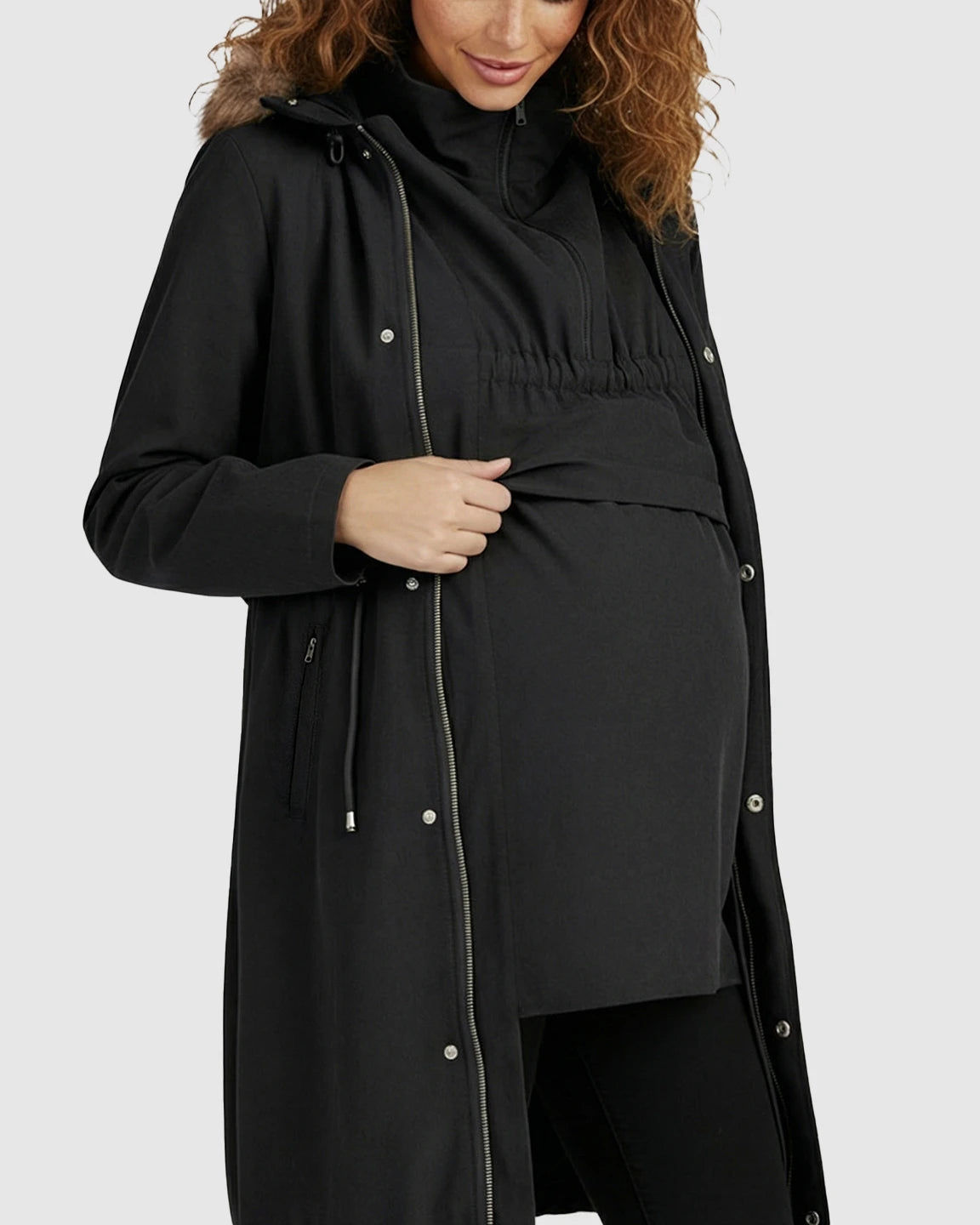 Fur Collar Hooded Long Maternity Jacket