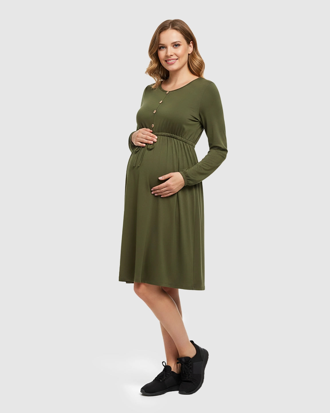 Button-Front Drawstring Waist Maternity Dress