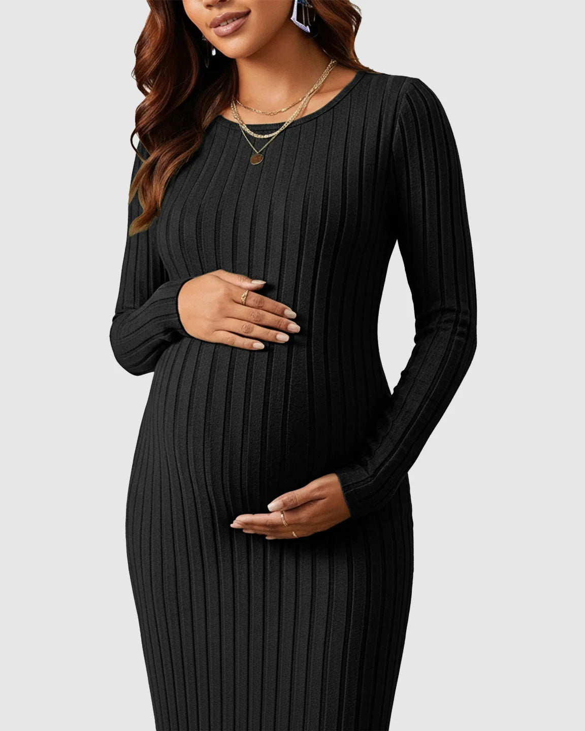 Ribbed Knit Maternity Maxi Dress with Side Slit