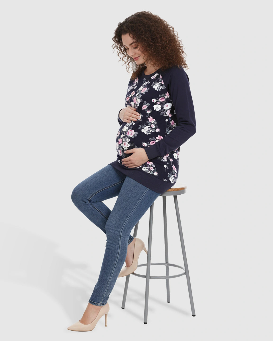 Crew Neck Floral Print Loose Fit Nursing Sweatshirt