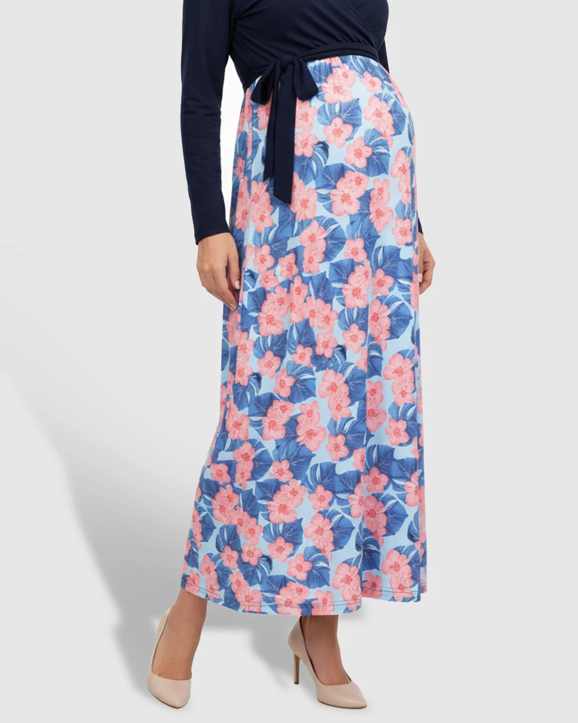 Floral V-Neck Maternity Midi Dress