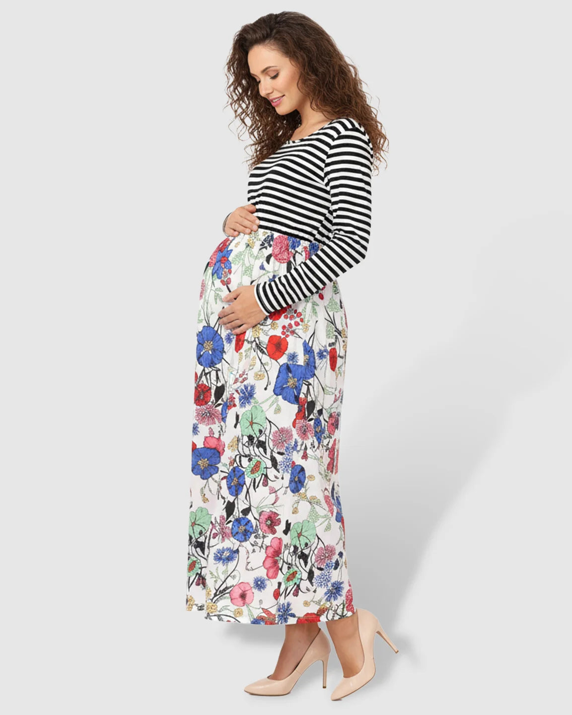 Striped Floral Nursing & Maternity Midi Dress