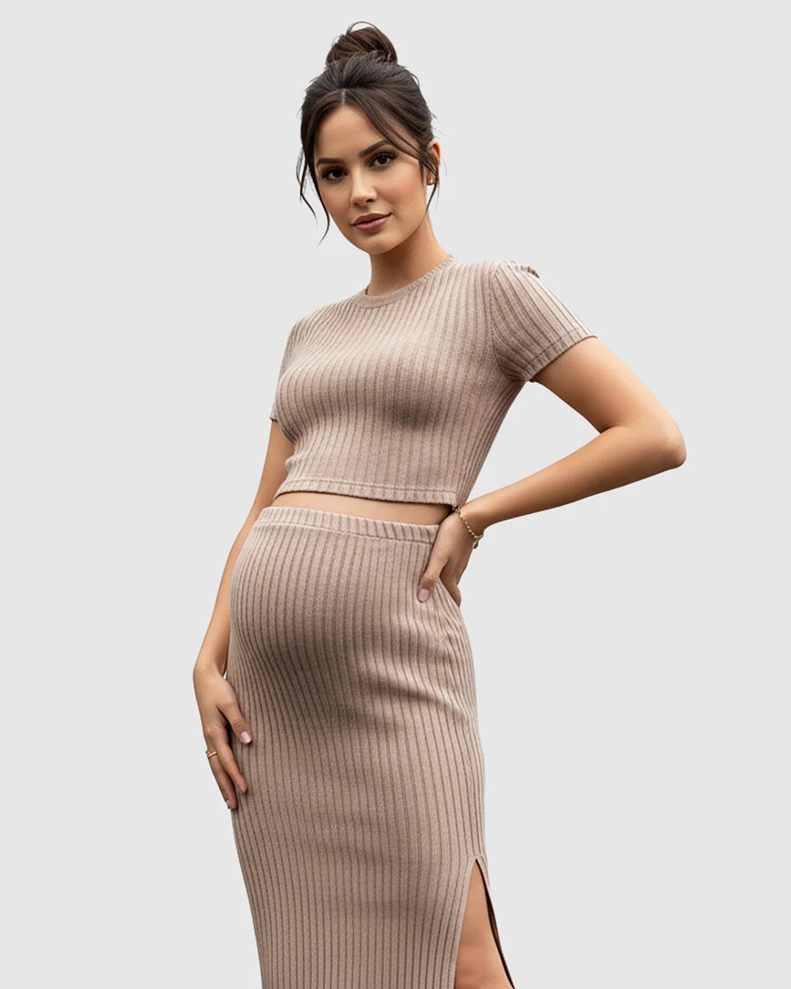 Ribbed Crop Top & Side-Slit Bodycon Maternity Skirt Set