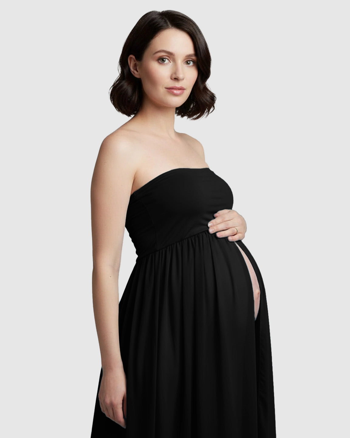 Strapless Ruched Front Slit Maternity Photoshoot Dress