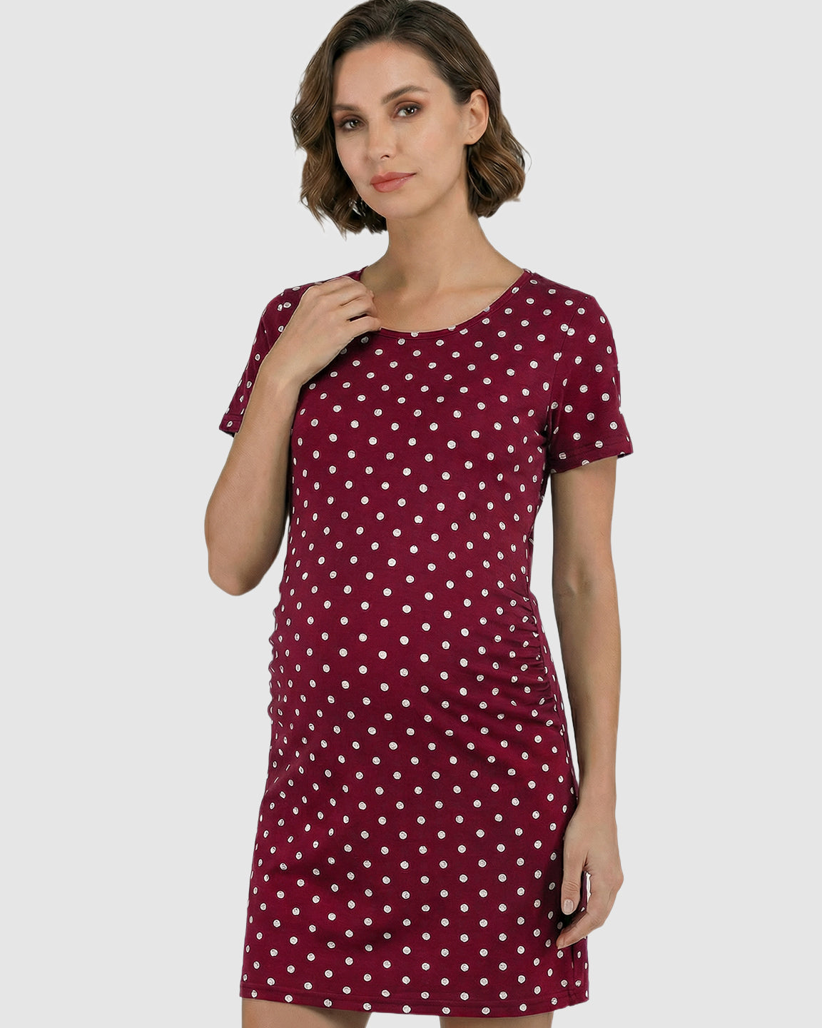 Ruched Polka Dot Bodycon Maternity Midi Dress