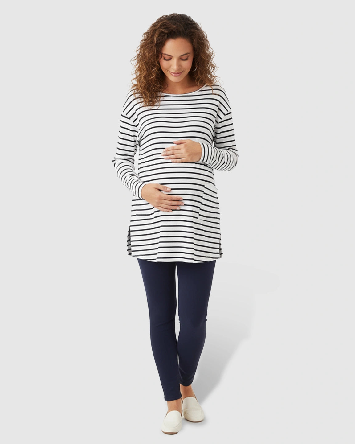 Striped Round Neck Long Sleeve Maternity Top with Pockets