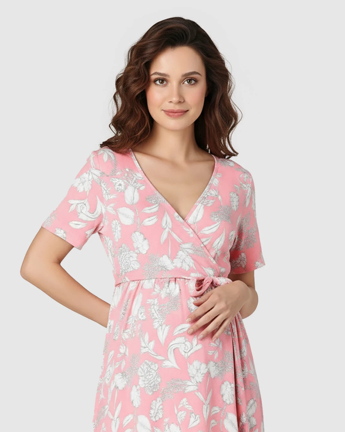 V-Neck Floral Wrap Maternity Midi Dress