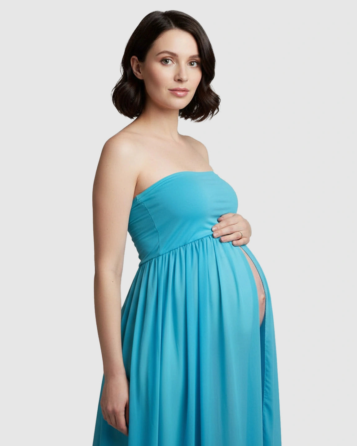 Strapless Ruched Front Slit Maternity Photoshoot Dress