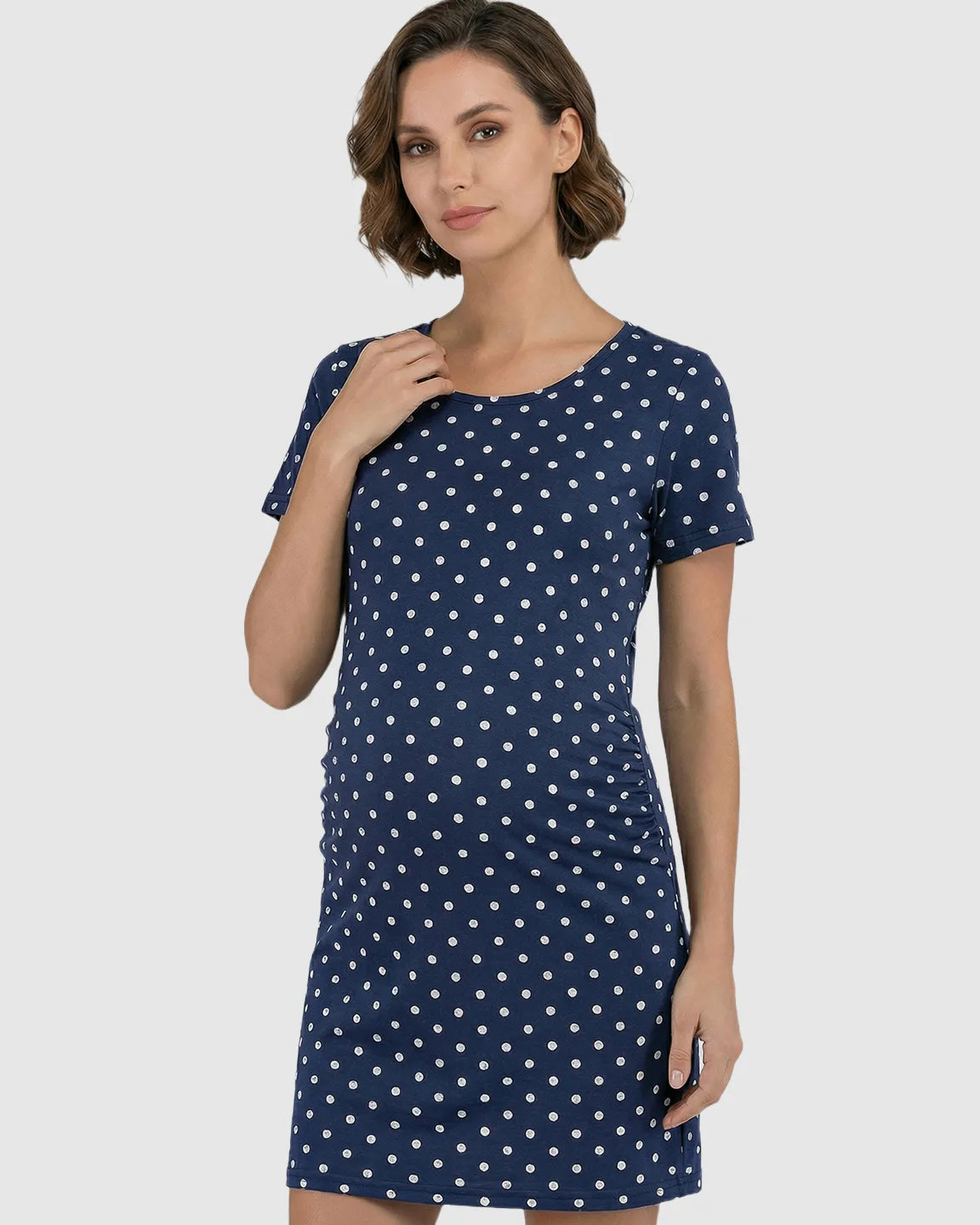 Ruched Bodycon Polka Dot Maternity Mini Dress