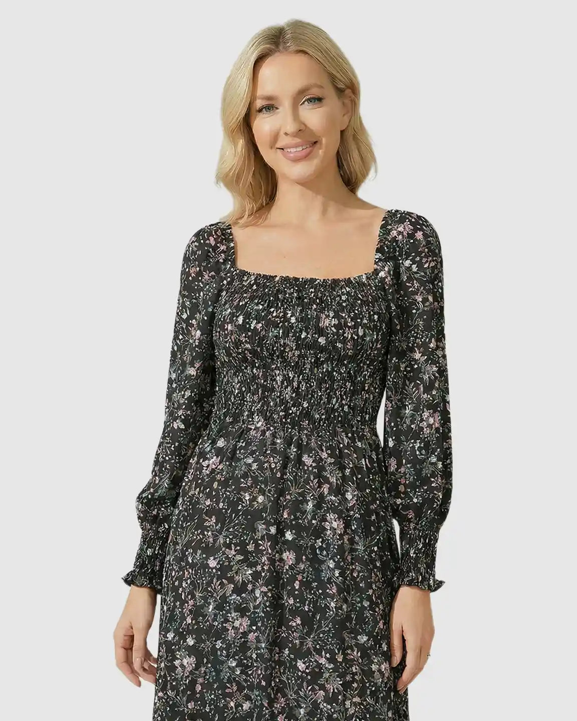 Smocked Floral Maternity Midi Dress