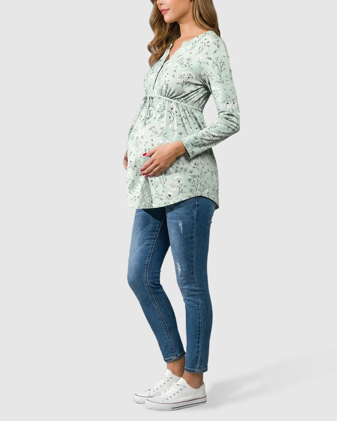 Notch Neckline Floral Drawstring Maternity Tunic Top