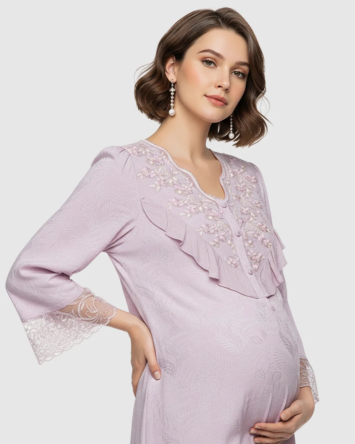 Embroidered Ruffle Flowing Fit Maternity Midi Dress