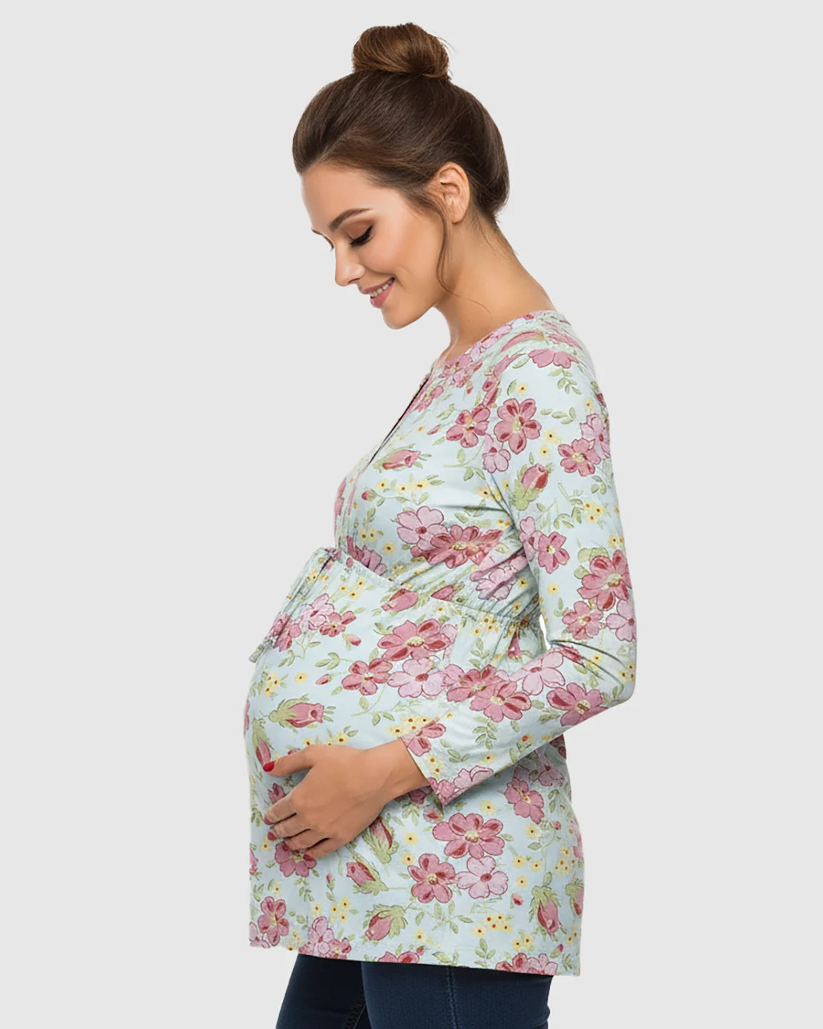 Adjustable Waist Casual Floral Maternity Top